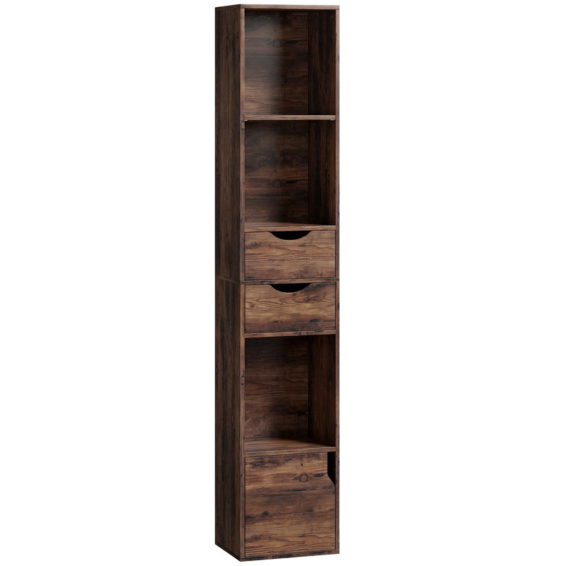 Slim Corner Bookcase with Adjustable Shelf and Storage Drawers for Small Spaces Rustic Brown