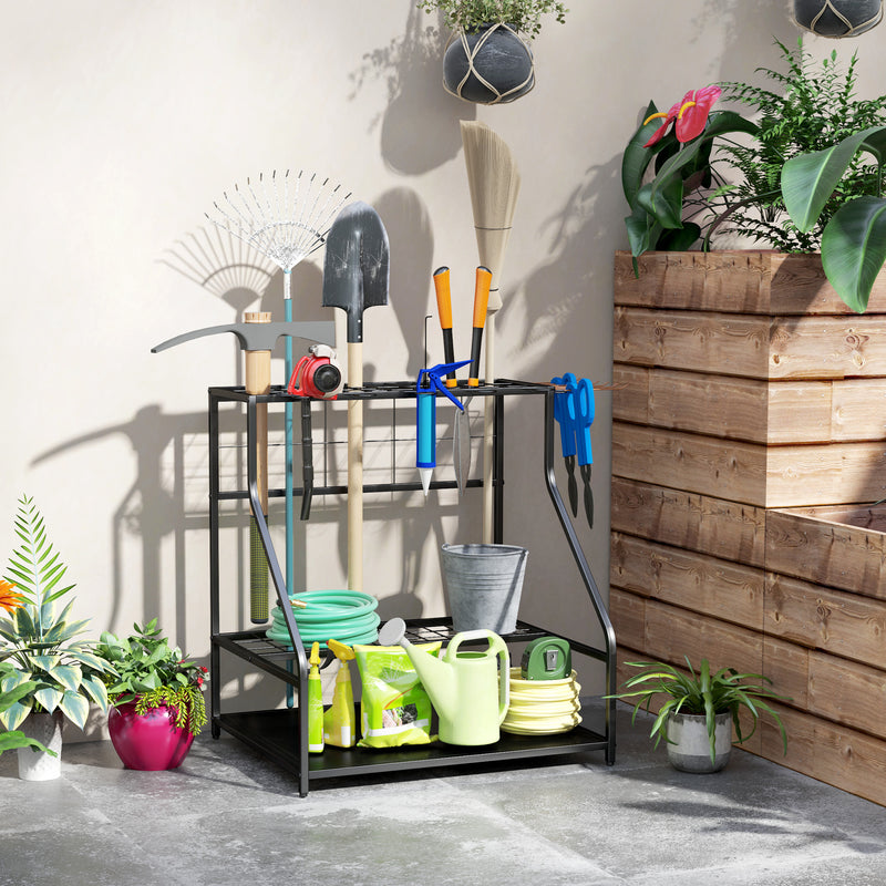 Garden Tool Storage Rack for Sheds and Garages with Hooks and Adjustable Feet Black