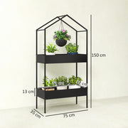 Two Tier House Shaped Plant Stand for Indoor or Outdoor Display with Adjustable Feet Black Outsunny