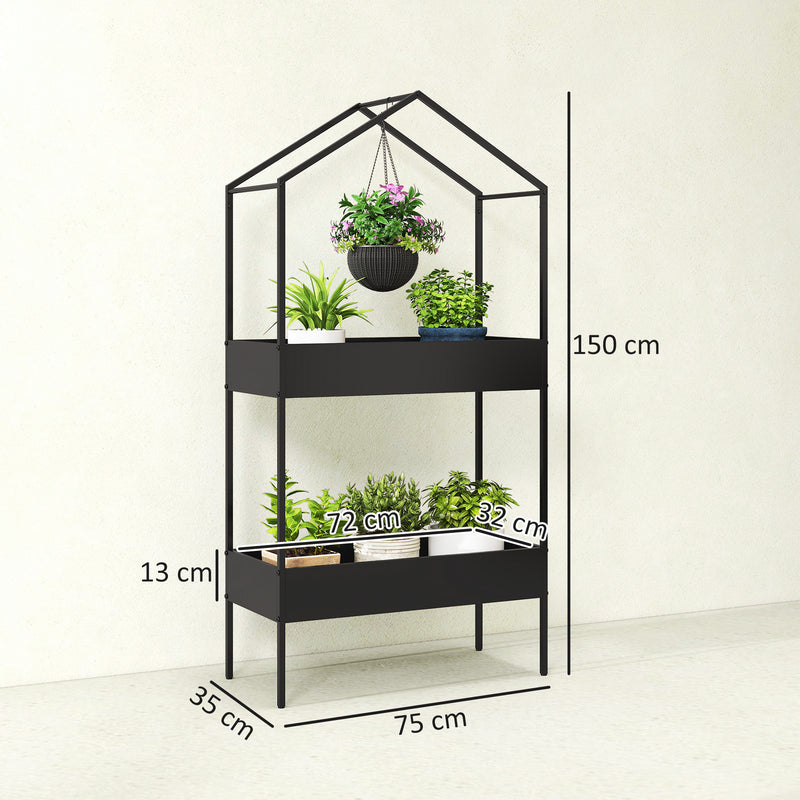 Two Tier House Shaped Plant Stand for Indoor or Outdoor Display with Adjustable Feet Black Outsunny