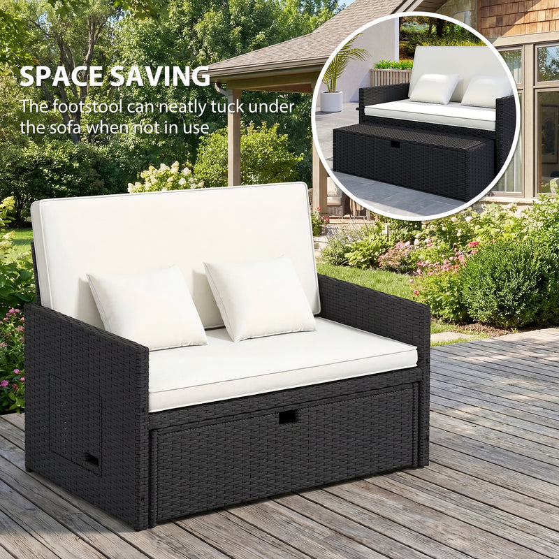 Rattan Garden Day Bed with Adjustable Backrest and Hidden Storage Cream White