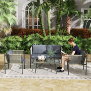 Grey 4 Seater Rattan Garden Furniture Set with Cushions and Glass Table by Outsunny