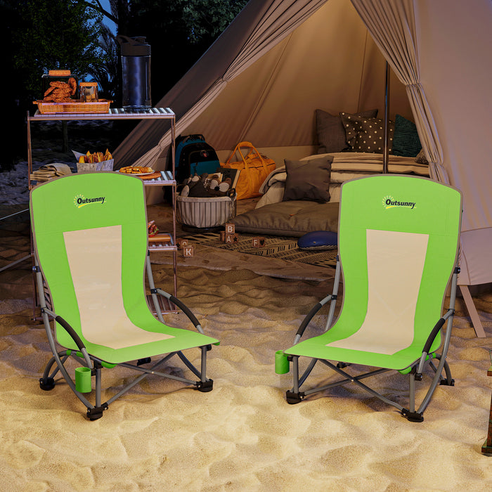 Set of 2 Green Folding Beach Chairs with Mesh Back Cup Holder and Carry Bag for Camping