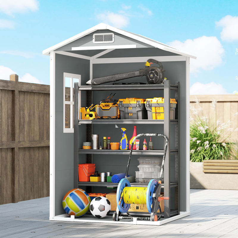 Small Plastic Garden Shed for Small Patios with Secure Weatherproof Storage and Window, Light Grey/White Outsunny