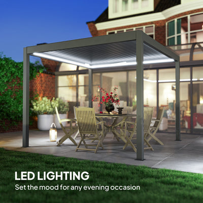3 x 3m Aluminium Pergola with LED Lights Adjustable Electric Louvered Roof and Drainage by Outsunny