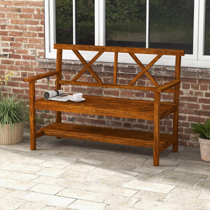 Natural Fir Wood Two Seater Garden Bench With Storage Shelf For Patio Or Balcony Use