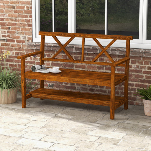 Natural Fir Wood Two Seater Garden Bench With Storage Shelf For Patio Or Balcony Use