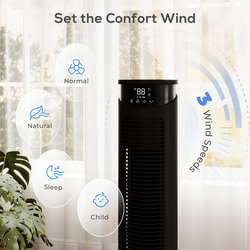 Tower Fan with Smart App Control and Quiet Sleep Mode for Cool UK Homes Black AOSOM