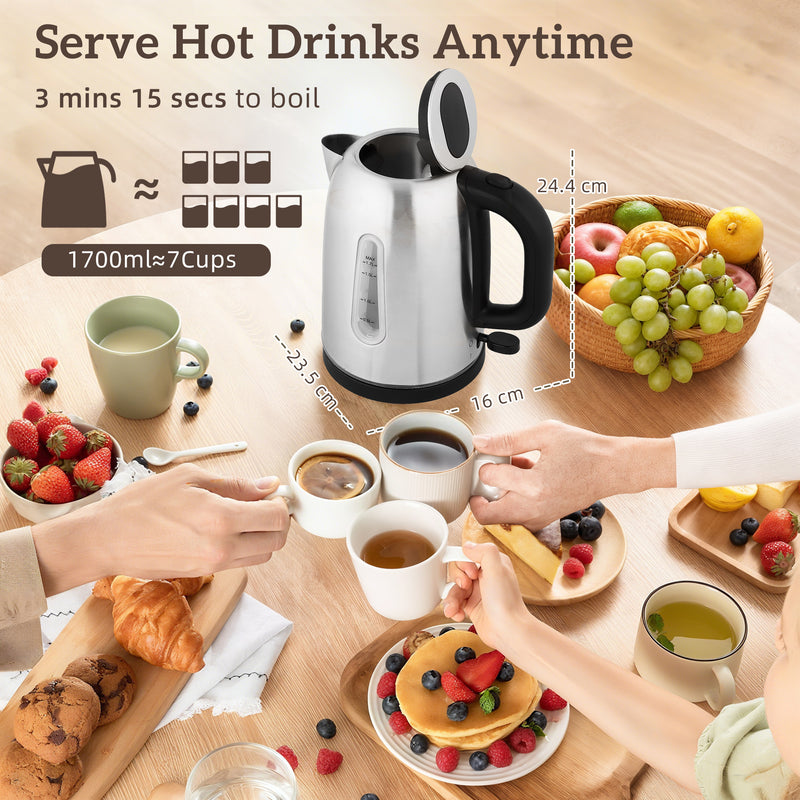 1.7L Rapid Boil Kettle and 4 Slice Toaster Set With Adjustable Browning Control Silver