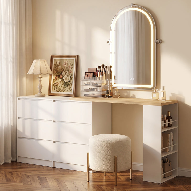 Dressing Table with 6 Drawers and 3 Shelves for Organised Bedrooms White Natural Wood Finish