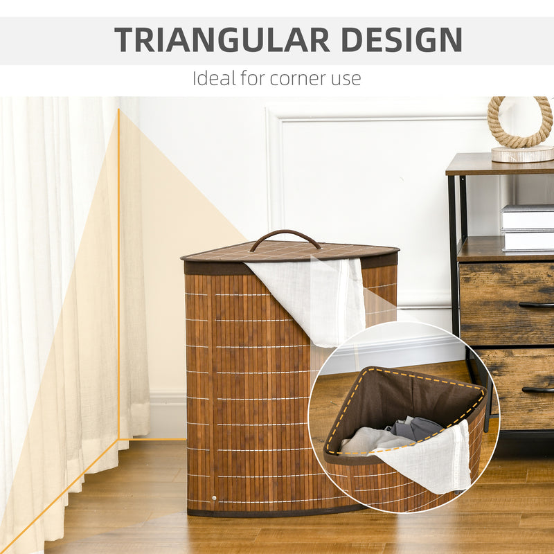 Brown Bamboo Laundry Basket With Lid 55L Removable Washable Lining Corner Hamper by HOMCOM