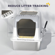 Extra Large Enclosed Stainless Steel Cat Litter Box With Scoop and Top Exit, Silver