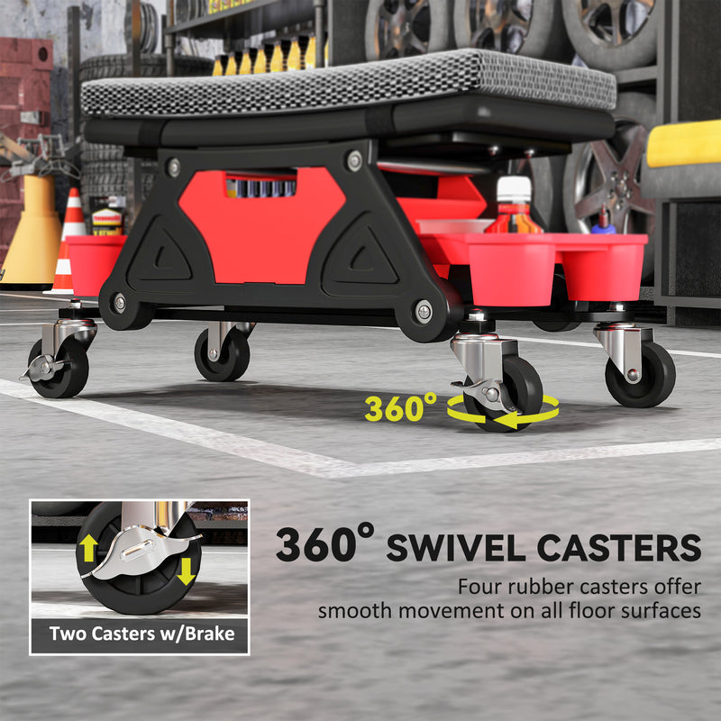 Mechanic Roller Seat with Tool Storage and Cushioned Support for Garage Work Black