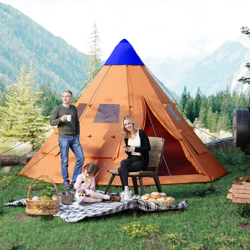 6 Person Tipi Tent with Easy Setup and Spacious Interior for Family Camping Orange Blue