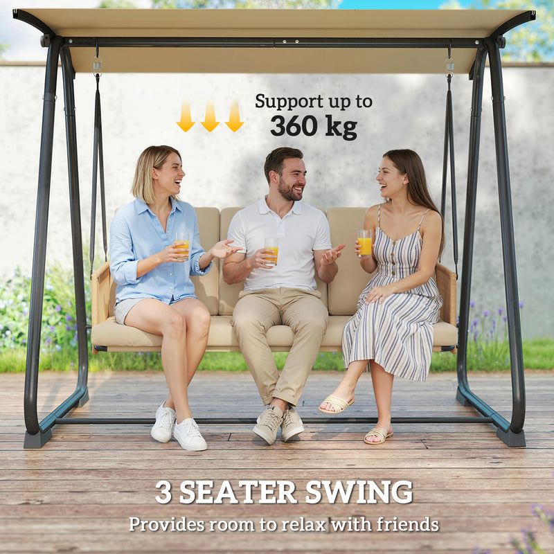 3 Seater Garden Swing Seat with Adjustable UPF30+ Canopy and Cushions for Shaded Outdoor Relaxing Sand Brown