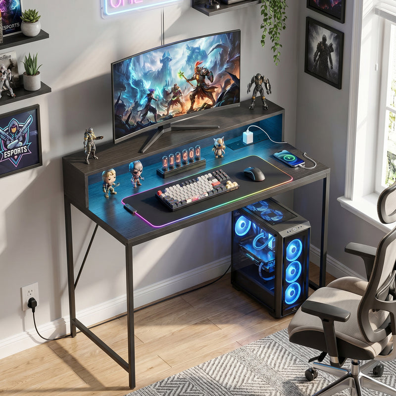 Computer Desk With Built-In Charging and RGB LED Lighting for Organised Home Workspace Black Wood-Effect