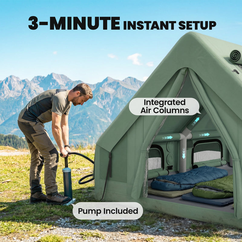 Large Waterproof Inflatable Camping Tent 8-10 Person, 10000mm With Skylights & Floor, Green
