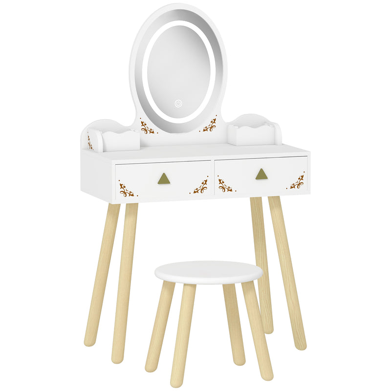 Kids Vanity Table and Chair Set with LED Mirror and Storage for Ages 3 and Up White AOSOM