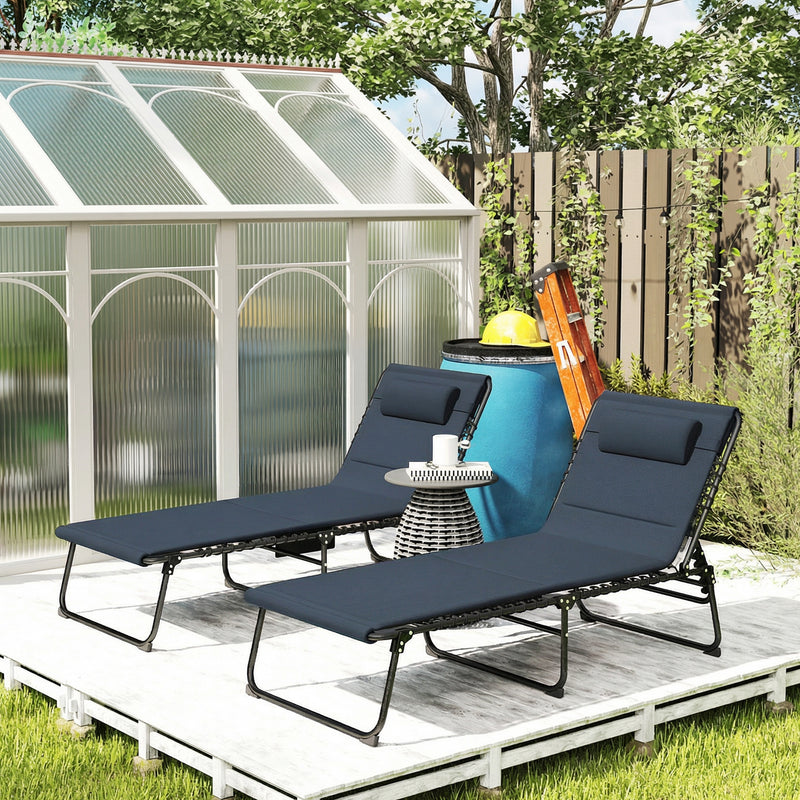 Set of 2 Adjustable Folding Sun Loungers with Side Pockets for Garden Relaxing Dark Blue