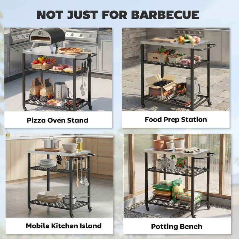 BBQ Prep Table with Stainless Steel Top and Storage Shelves for Outdoor Cooking Black Outsunny