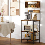 Kitchen Storage Rack with Power Outlet USB Ports Adjustable Shelves and Hooks Rustic Brown