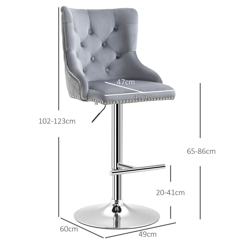 Set of 2 Adjustable Swivel Bar Stools with Tufted Back and Footrest for Home Bar Grey