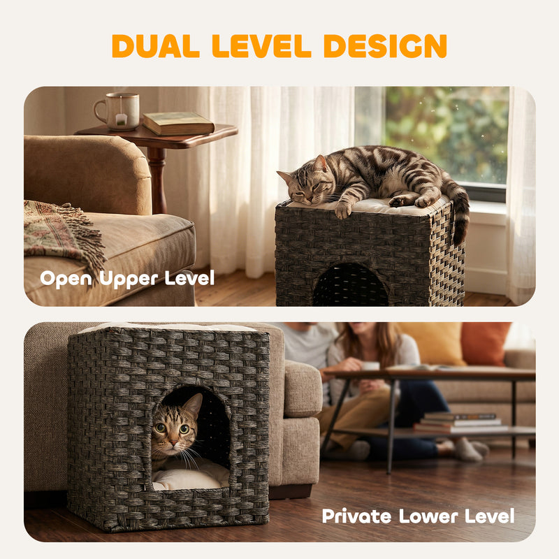 Two Level Cat House with Hideaway and Lounging Platform Easy Clean Grey Beige