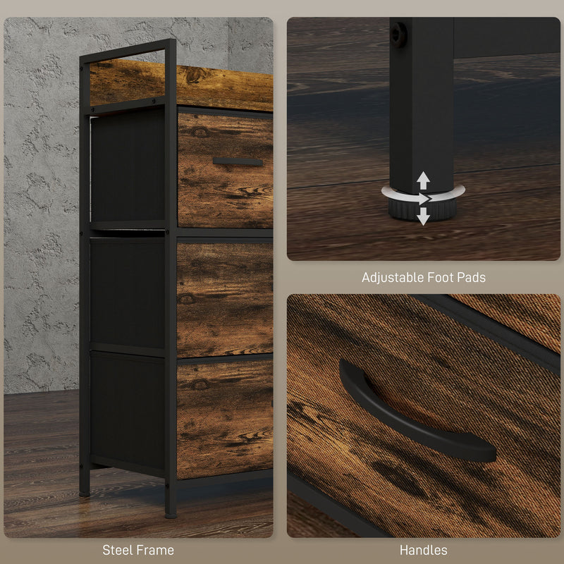 Industrial Chest of 4 Fabric Storage Drawers with Wooden Frame for Bedroom or Hallway Rustic Brown