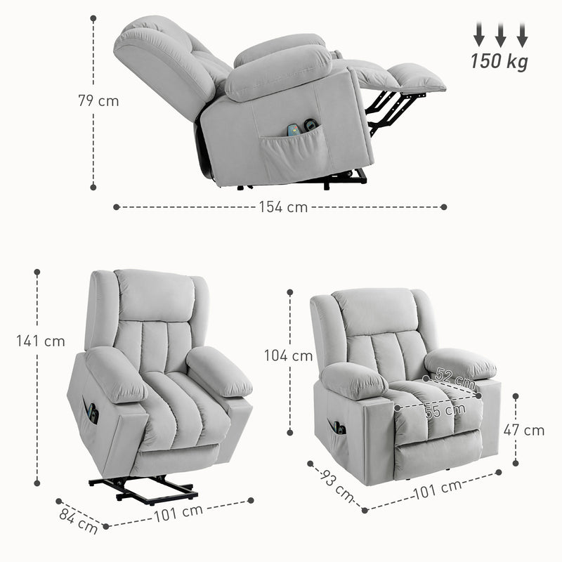 Light Grey Velvet Feel Electric Riser Recliner Massage Armchair by HOMCOM