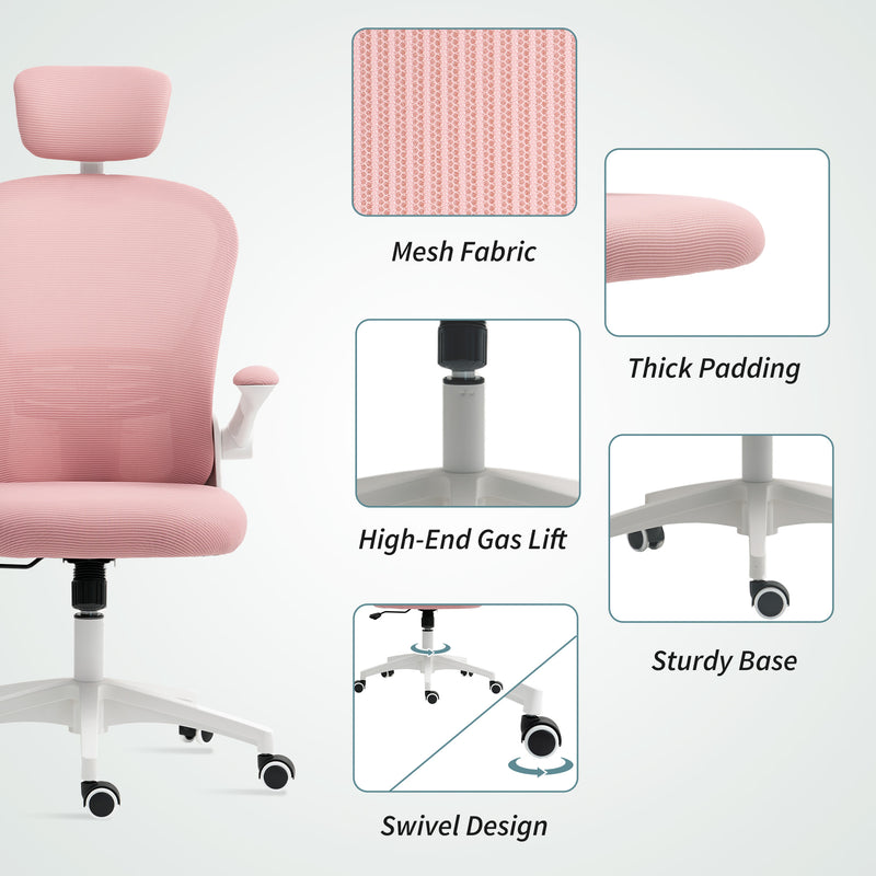 Pink Mesh Office Chair With Lumbar Support and Headrest For Comfortable All Day Work