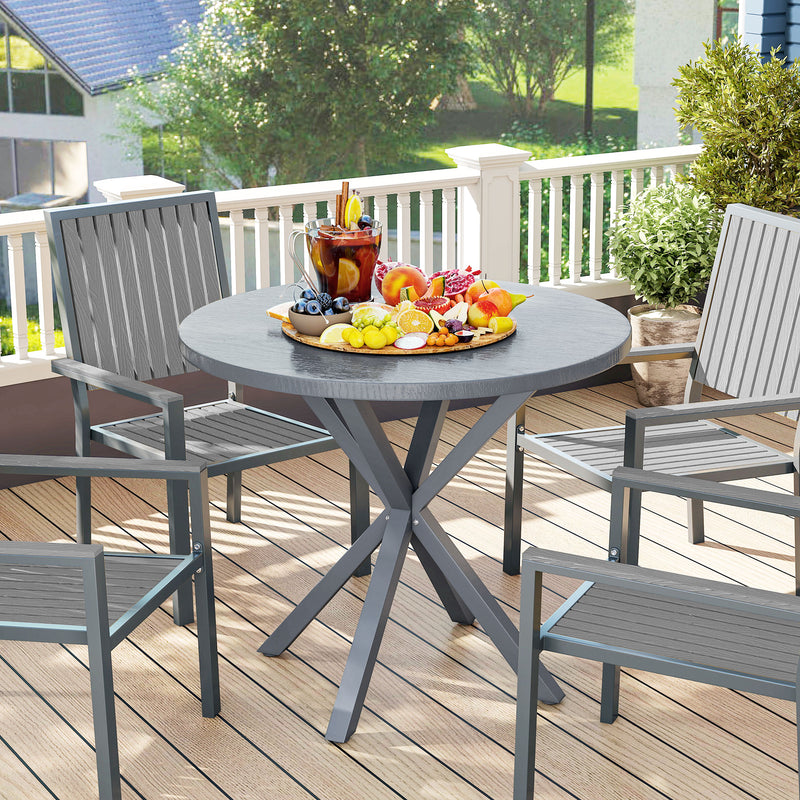 Dark Grey Round Outdoor Garden Table with Wood Effect Top 85cm Steel Frame by Outsunny