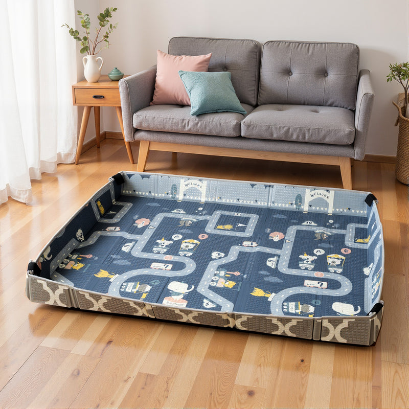 AIYAPLAY Foldable Baby Play Mat, Baby Playpen, Reversible Foam Playmat, Floor Mats for Toddlers, Traffic and Grey Diamond Theme AOSOM