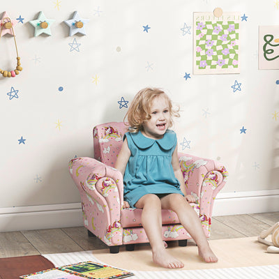 2 Piece Kids Sofa Set with Unicorn Design and Wooden Frame for Toddlers Aged 1 to 3, Pink