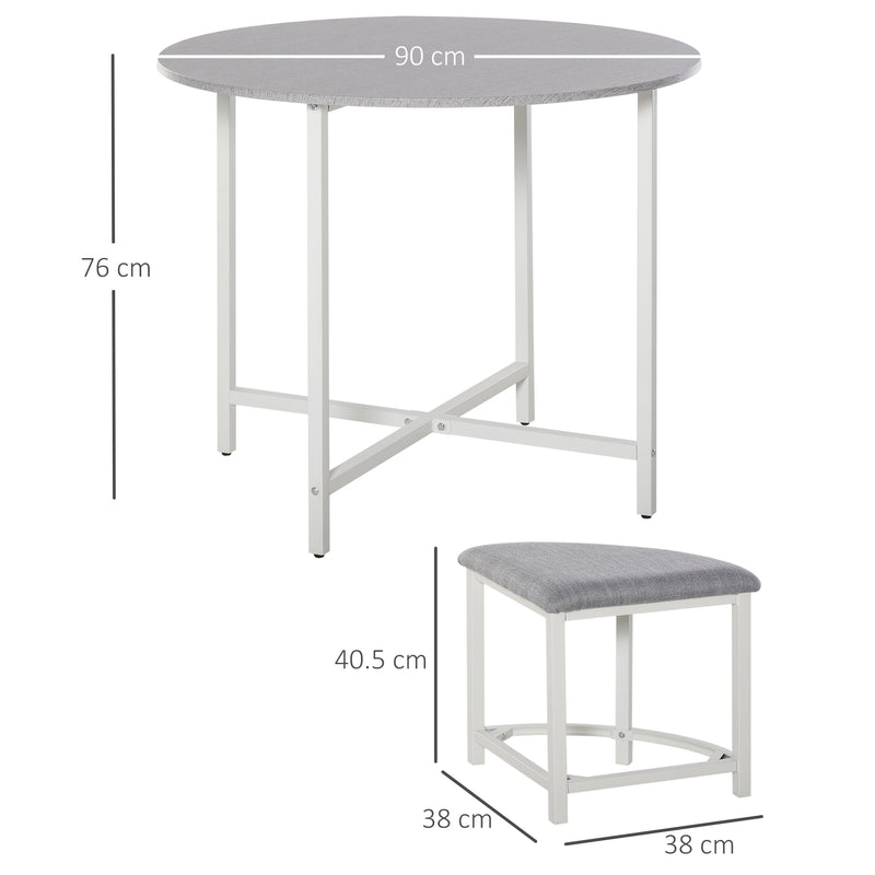 Grey Round Dining Table Set with 4 Upholstered Stools for Modern Kitchen or Dining Room