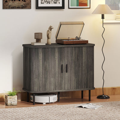 Mid Century Sideboard Cabinet With Sliding Tambour Doors and Steel Legs for Kitchen Grey