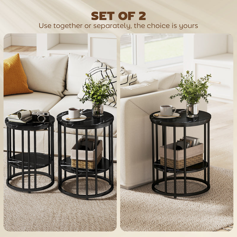 Round Coffee Tables for Living Room Set of 2 - Black Marble Effect Tops