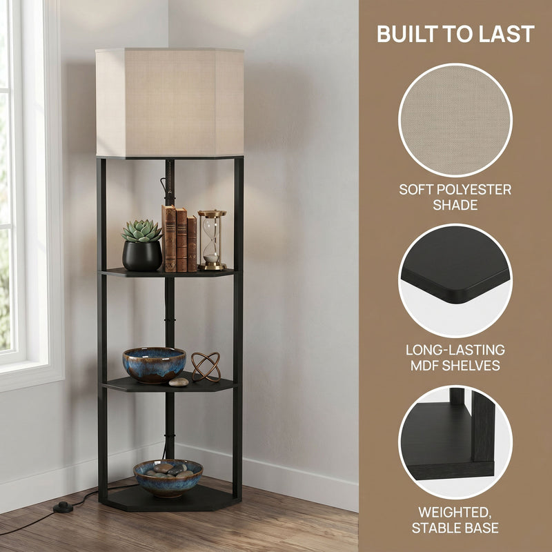 Floor Lamp with Shelves for Extra Storage and Adjustable Lighting Black Beige