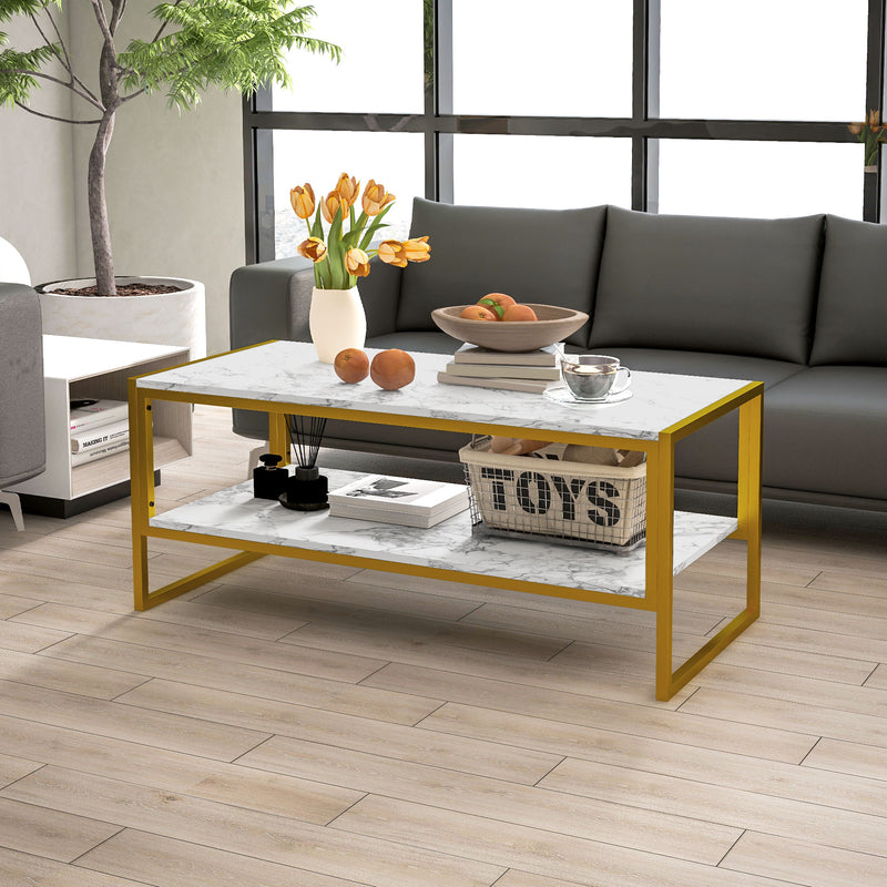 Two Tier Marble Coffee Table With Storage Shelf For Living Room Metal Frame, White