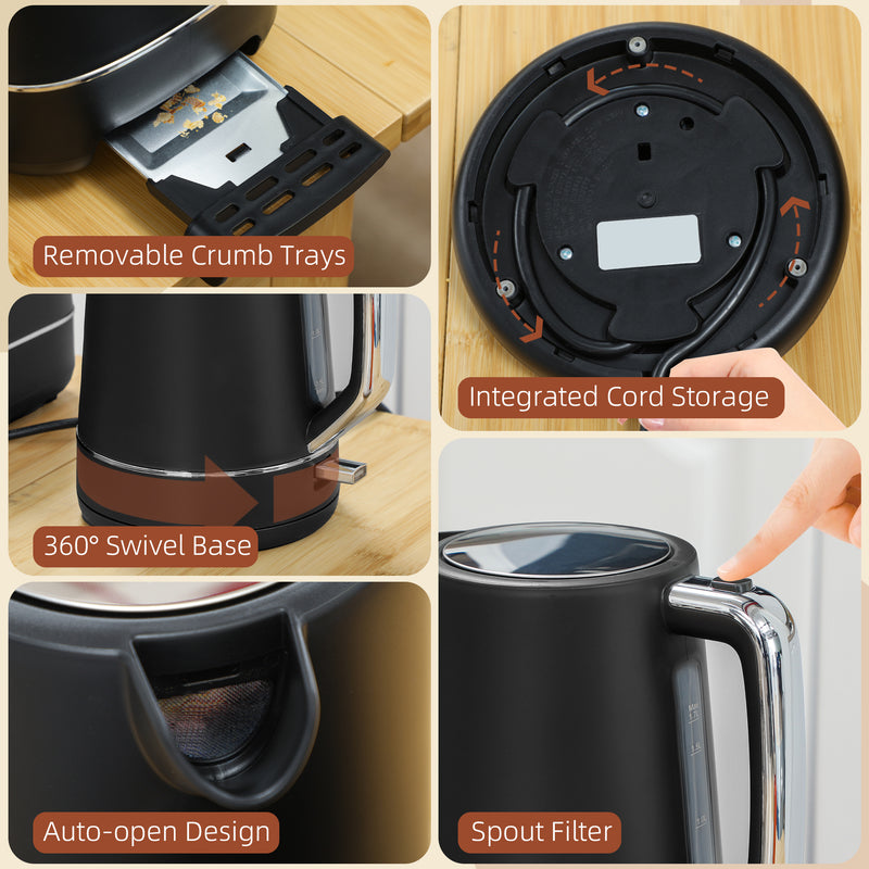 Black 1.7L Fast Boil Cordless Kettle and 2 Slice Toaster Set with 6 Browning Levels by HOMCOM