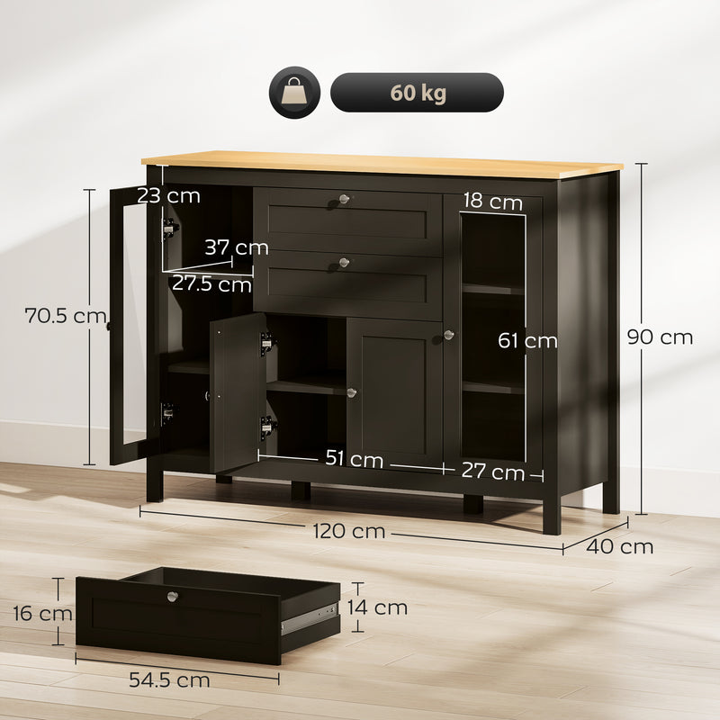 Buffet Sideboard Cabinet, Adjustable Shelves, Glass Doors for Organised Home Storage Oak Top, Black/Brown