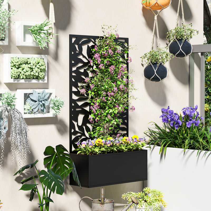 Outsunny Metal Garden Bed with Trellis, Wall Mounted or Freestanding Raised Planter with Privacy Panel, Black Outsunny