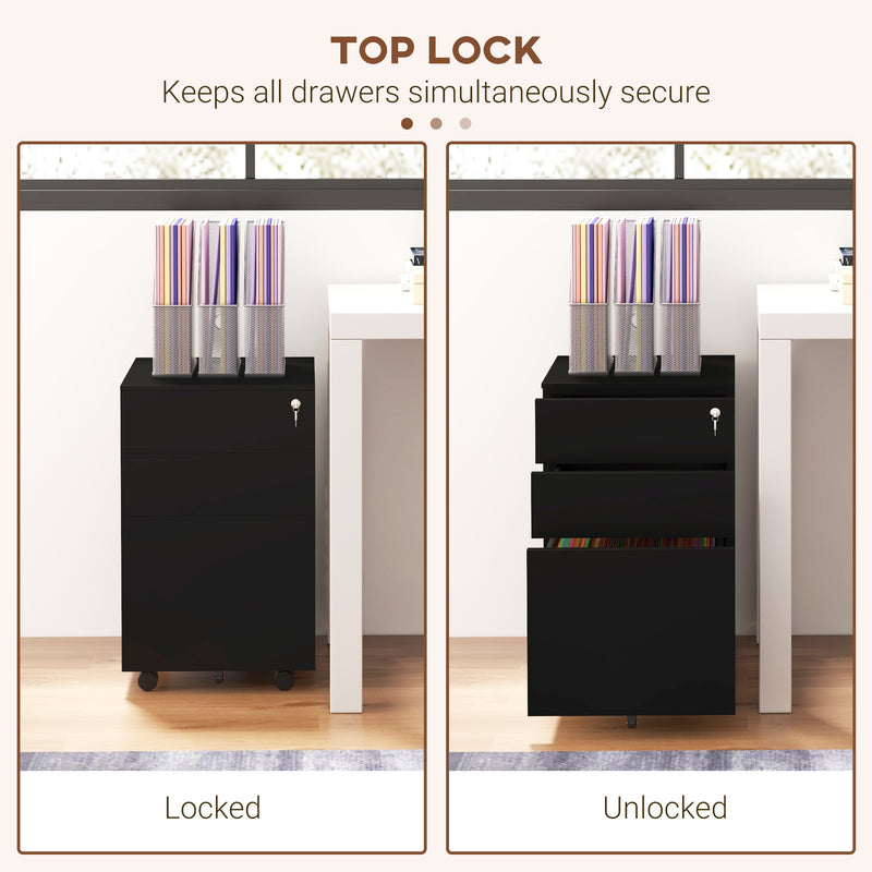 Steel Mobile Filing Cabinet 3 Drawers with Lock and Wheels Fits A4 and Legal, Black