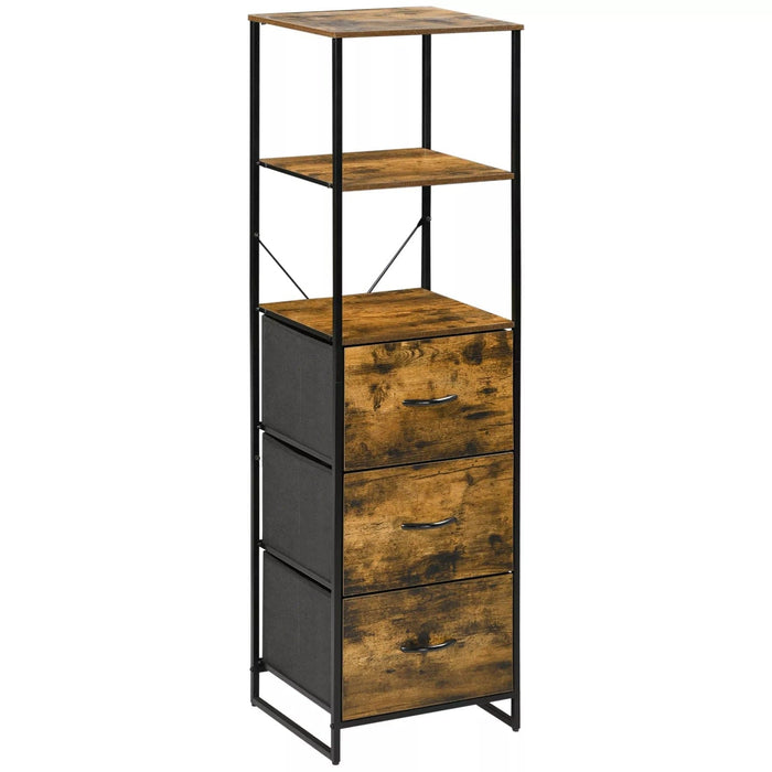 Image of a Narrow Industrial Bookshelf With Drawers. This stylish storage unit has 2 open shelves and 3 drawers providing space to display and store. It's ideal for smaller spaces.