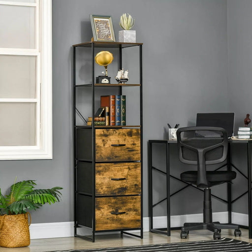 Image of a Narrow Industrial Bookshelf With Drawers. This stylish storage unit has 2 open shelves and 3 drawers providing space to display and store. It's ideal for smaller spaces.