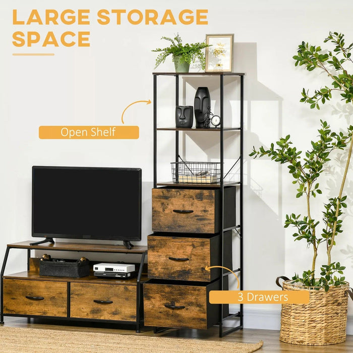 Image of a Narrow Industrial Bookshelf With Drawers. This stylish storage unit has 2 open shelves and 3 drawers providing space to display and store. It's ideal for smaller spaces.