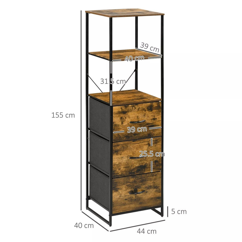 Image of a Narrow Industrial Bookshelf With Drawers. This stylish storage unit has 2 open shelves and 3 drawers providing space to display and store. It's ideal for smaller spaces.