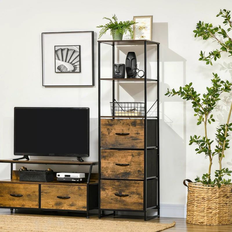 Image of a Narrow Industrial Bookshelf With Drawers. This stylish storage unit has 2 open shelves and 3 drawers providing space to display and store. It's ideal for smaller spaces.