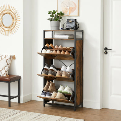 Narrow Shoe Storage Cabinet For Hallway 3 Flip Drawers Adjustable Dividers Holds 18 Pairs, 60x30x130cm