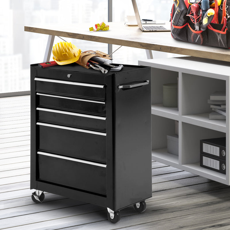 Lockable Black 5 Drawer Steel Tool Chest With Wheels For Garage Or Workshop Storage