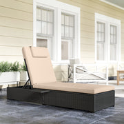 Rattan Sun Lounger With Adjustable Recline Cushion and Side Tray for Garden Relaxation Black Outsunny